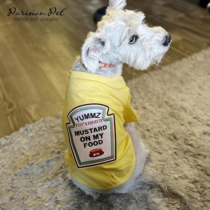Parisian Pet Dog Shirt - Embroidered “Mustard on My Food“ - 100% Cotton and Polyester Dog Clothes - Sleeved, Lightweight Costume for Dogs - Yellow Dog Shirts for Small Dogs - Pet Costumes - S