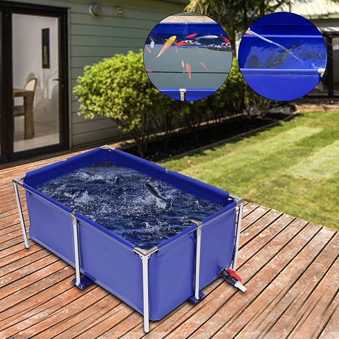 Canvas Fish Pond, Foldable Water Storage Pond Modern Blue Aquarium Fish Water Tank with T-Shaped Steel Frame, Rectangle Canvas Show Tank for The Cultivation of Lobster