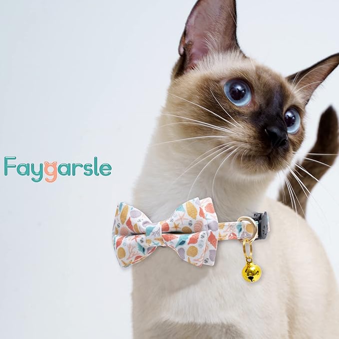 Faygarsle 2 Pack Cotton Designer Breakaway Cats Collar with Bow Tie and Bell Marine Theme Cat Collars for Girl Female Boy Male Cat Collar with Bell Fish Collars for Cats Collar Shell Pattern