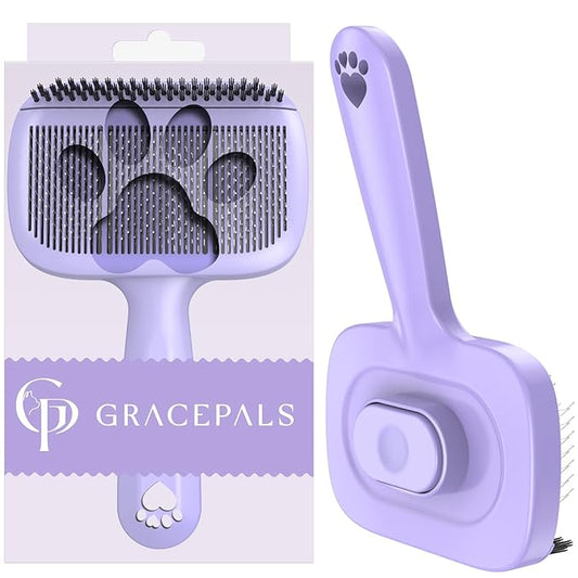 Self Cleaning Dog Brush for Shedding - Bristle Brush and Long/Short Needles Design, Skin Friendly, Slicker Deshedding Dog Brush, Hair Removal for Long & Short Haired Pets (Purple)