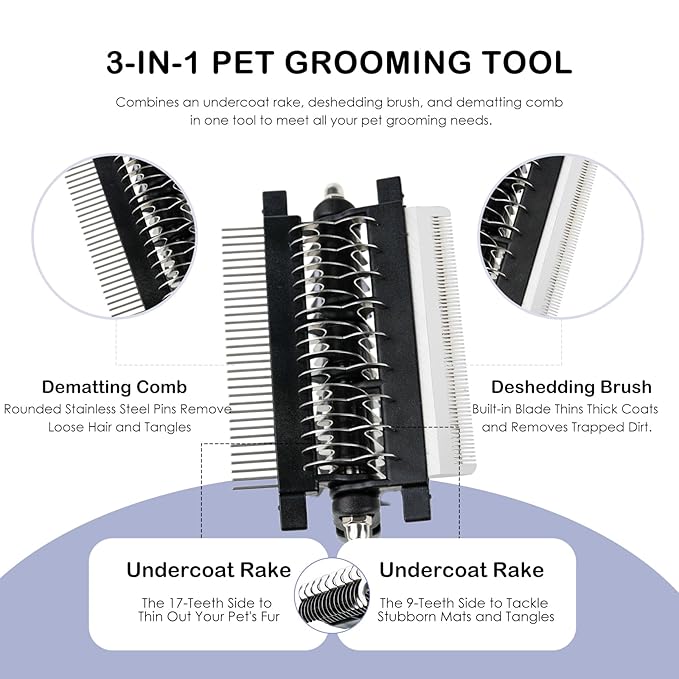 3-IN-1 Pet Deshedding and Grooming Tool, Grooming Brush for Dogs and Cats with Undercoat Rake & Dematting Comb for Matted Fur Removal Long and Short Haired Dogs Cats