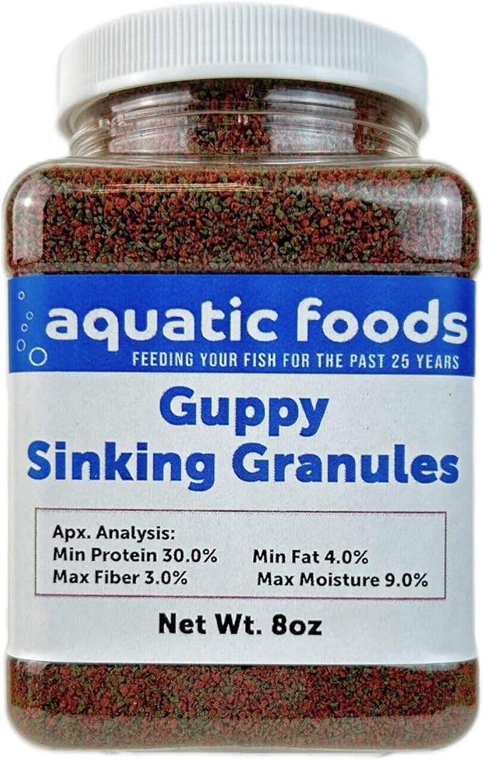 Aquatic Foods Inc. Guppy Micro Sinking Granules, Color Enhancing and Spirulina Mix for Guppies, Tetras, All Live Bearers, Baby Cichlids...WL 8oz Sm Jar