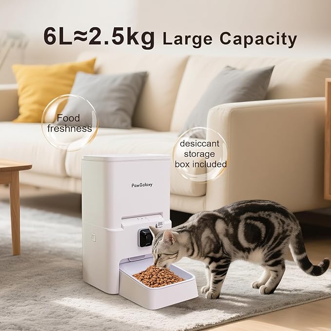 Automatic Pet Feeder, White 6L Cat Food Dispenser, Supports 5G & 2.4G, with 1080P HD Night Vision 142° Camera, APP Remote Control, Customizable Portion Sizes, Low Food & Motion Alerts