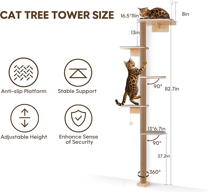 5-Tier Floor-to-Ceiling Cat Tree Tower, Upgraded Grey Felt Kittens Wall Shelves, Rotatable Platforms & 3-Inch Wall Gap, Wild Simulation Kitten Playground