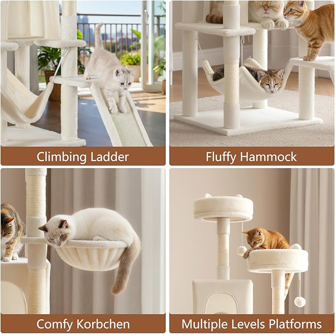 Large Cat Tree 75 Inch, Multi-Level Tall Cat Tree Tower with Condo, Perches, Sisal Scratching Posts Board and Hammock, Pet Play House with Dangling Balls for Indoor Cats, Beige