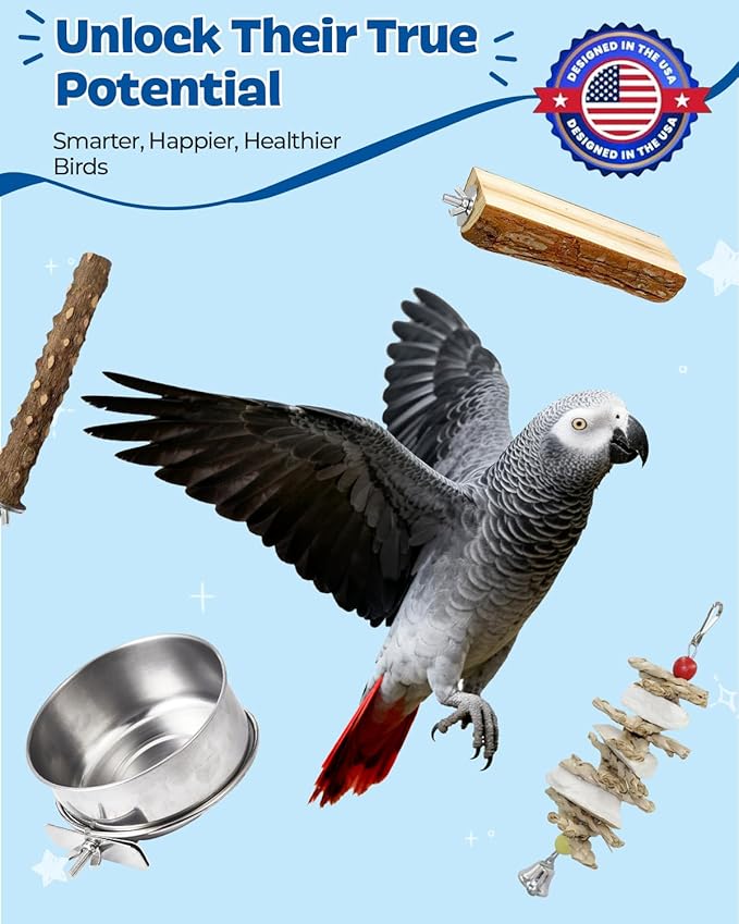 8 Pcs Parrot Toys Bird Toy Natural Wood Chew Toys with Rope Perch, Bell, Foraging Swing & Feeding Dish for Conure, Cockatiel, Budgie, Lovebird, Small Parrot Cage Accessories