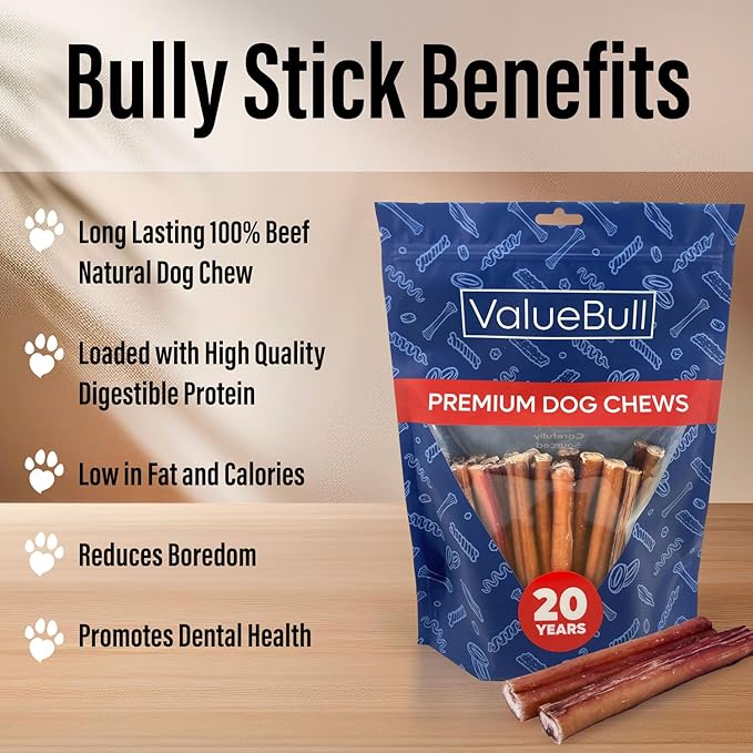 ValueBull Bully Sticks for Dogs, Thick 6 Inch, 10 Count - All Natural, Grass Fed, Single Ingredient, Long Lasting Dog Treats