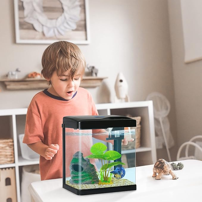 Betta Fish Tank Self Cleaning Glass 2 Gallon Small Nano Aquarium Starter Kits Desktop Room Decor w/LED Light Decorations & Whisper Filters Water Pump (Fish Tank)