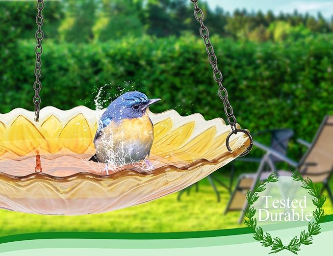 MUMTOP Hanging Bird Bath Outdoor, Sunflower Glass BirdBaths & Birdfeeder with Water Ripple Rim 11 Inch for Garden Yard Patio Decor