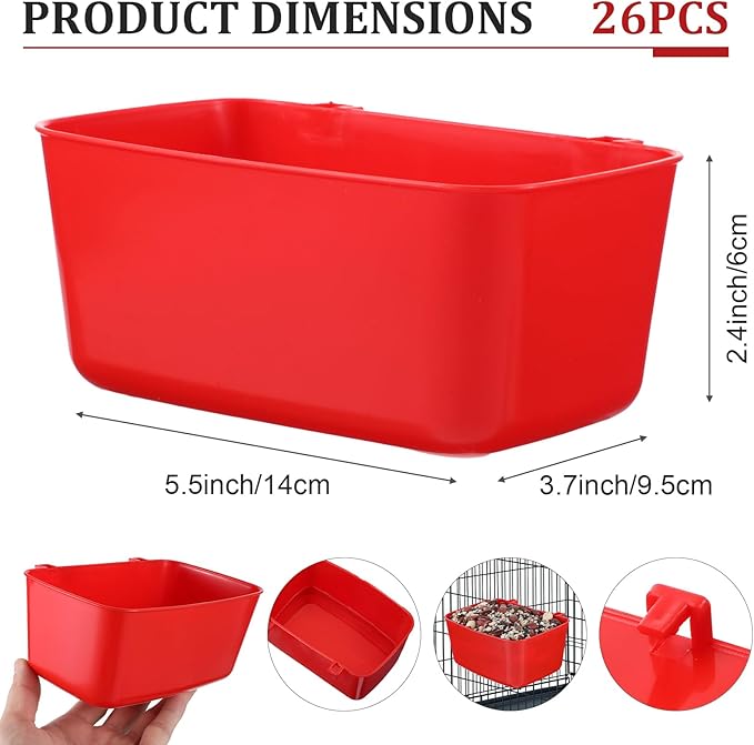 26 PCS Chicken Feeder Cups, 18 OZ Cage Cups for Chickens, Hanging Rabbit Feeder Waterer Cups, Plastic Birds Feeders for Pet Bunny Gamefowl Poultry Parrot(Red)