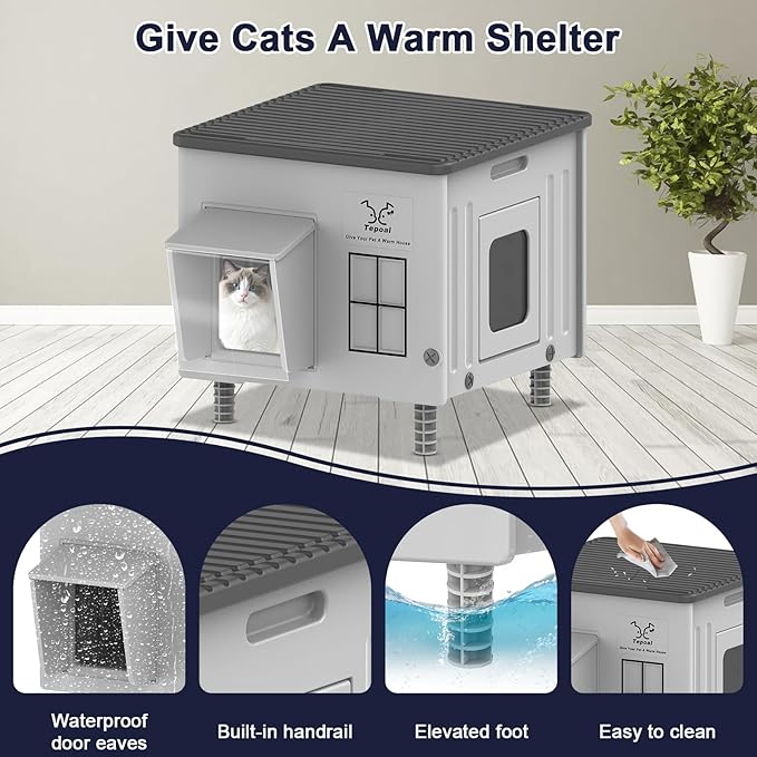 Tepoal Plastic Heated Cat House for Outside Winter, 100% Weatherproof & Insulated Outdoor Feral Cat Shelter with Safety Escape Door, Stackable Cat House with Heater for Barn Cat, Grey 17.7"x17"x17.5"