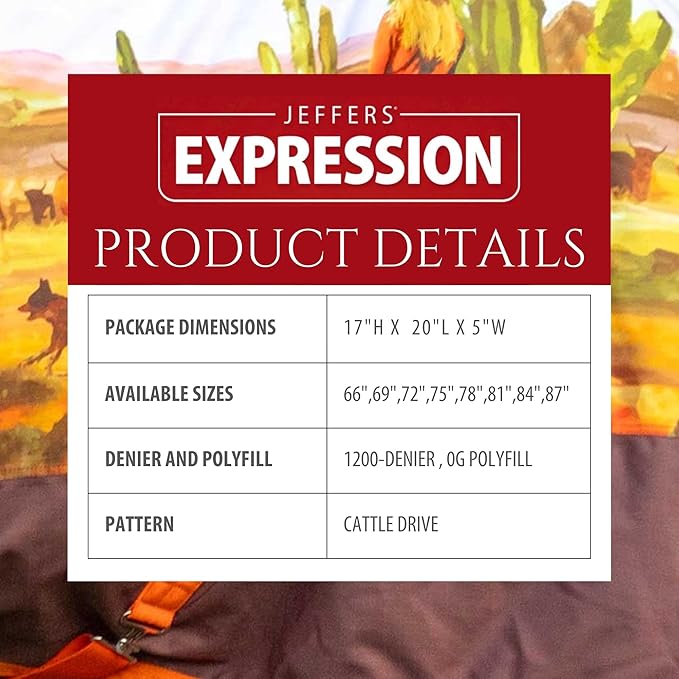 Jeffers Expression 1200 Denier Standard Neck Turnout Sheet, Cattle Drive, 87"- Waterproof, Breathable Horse Sheet with 0g Polyfill, No Insulation, Ideal Protection for Wind & Rain, Lightweight