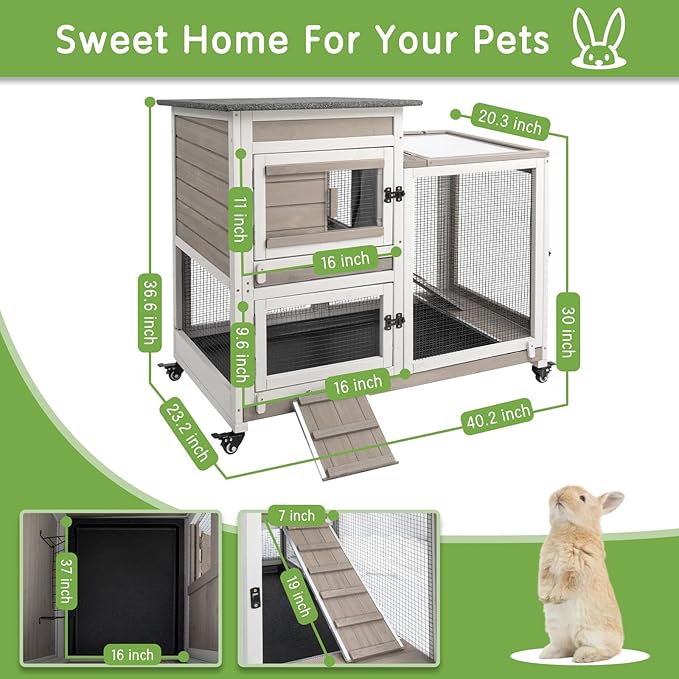 Rabbit Hutch Indoor Outdoor Wooden Bunny Cage with Wheels Removable Two Trays Guinea Pig Cages Waterproof Roof