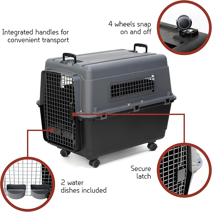 SportPet Airline Approved Wire Door Travel Dog Crate, Durable Plastic Pet Travel Kennel with Removable Wheels,Collapsible, Food Bowls & Accessories, Fits Dogs up to 29" L & 20" H - Large - Gray/Black