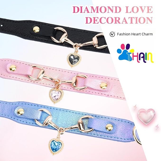 THAIN Fashion Dog Collar with Bling Diamonds & Heart Charm – 5 Holes Adjustable PU Leather Rhinestones Necklace Collar, Gold Buckle for Medium Dogs boy (Blue, M)