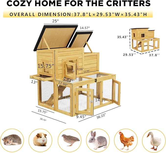Small Chicken Coop, Chicken Run, Wooden Duck Coop Outdoor 2-Tier Rabbit House All Weather Used Poultry Quail Hutch Pet Cage with Removable Ramp for Garden Backyard (Yellow)