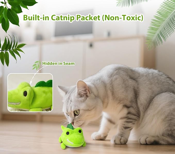 Interactive Cat Toys for Indoor Cats - Self-Charging Croc Chase Toy with 360° Motion, Wagging Tail & Catnip, Automatic Exercise Toy for Bored Kittens/Adults(Smooth Fur)