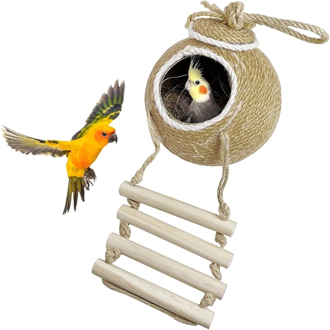 Tfwadmx Coconut Hide with Ladder, Natural Coconut Fiber Hanging Birdhouse Cage, Handmade Sisal Rope & Coconut Bird Shell Breeding Nest for Parrot Parakeet Lovebird Finch Canary (2 Pcs Brown)