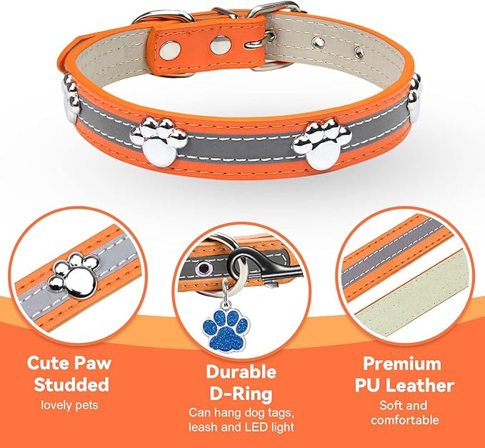 PETCARE Reflective Dog Collar with Cute Paw Rivet Studded Funny Soft PU Leather Adjustable Puppy Dog Collars for Small Medium Large Dogs Cats (Orange,X-Large)