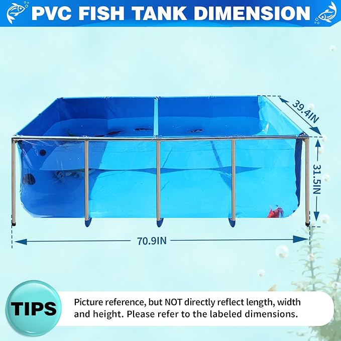 PVC KOI Aquarium Tank, Temporary Fish Tank with Clear Viewing Panel, KOI/Goldfish Pond with 304SS Frame & Drain Valve(70.9" L*39.4" W*31.5" H, About 345Gal Water Capacity)