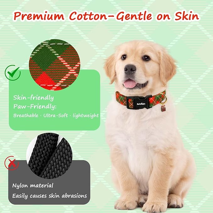 Small Christmas Dog Collar, Adjustable Dog Christmas Collars, Red Green Plaid Puppy Collar, Cute Dog Collars Holiday Collar for Girl Boy Dogs-S