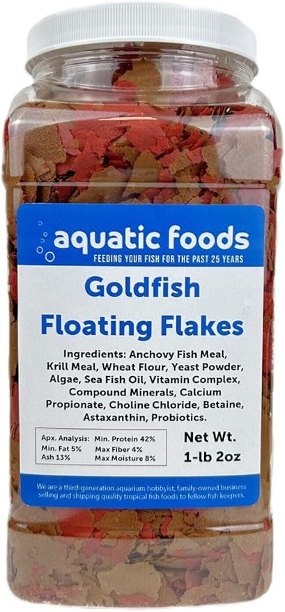 Aquatic Foods Inc. Goldfish Flakes, 42% Protein Color Enhancing and Spirulina Flakes for Aquarium & Pond Goldfish, Koi and All Pond Fish...WL 1-lb 2oz Lg Jar