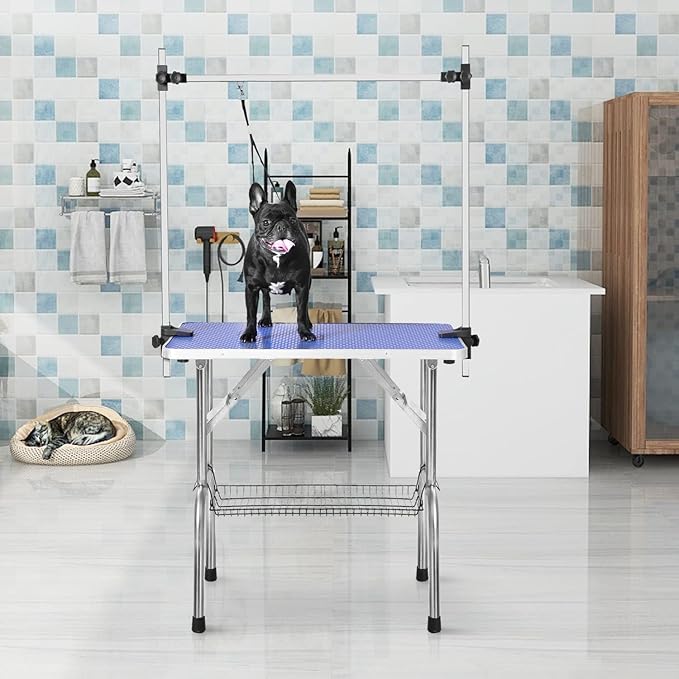 SoarFlash Pet Dog Grooming Table Foldable,Heavy Duty Foldable Pet Grooming Table with Arm & Noose & Mesh Tray, Maximum Capacity Up to 330lbs, 36inch, Blue