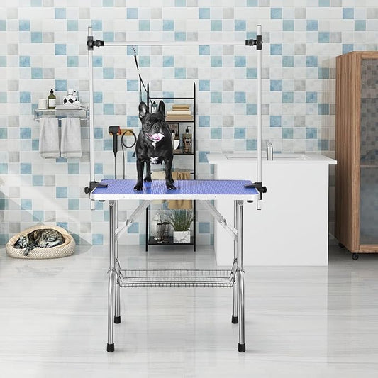 SoarFlash Pet Dog Grooming Table Foldable,Heavy Duty Foldable Pet Grooming Table with Arm & Noose & Mesh Tray, Maximum Capacity Up to 330lbs, 36inch, Blue