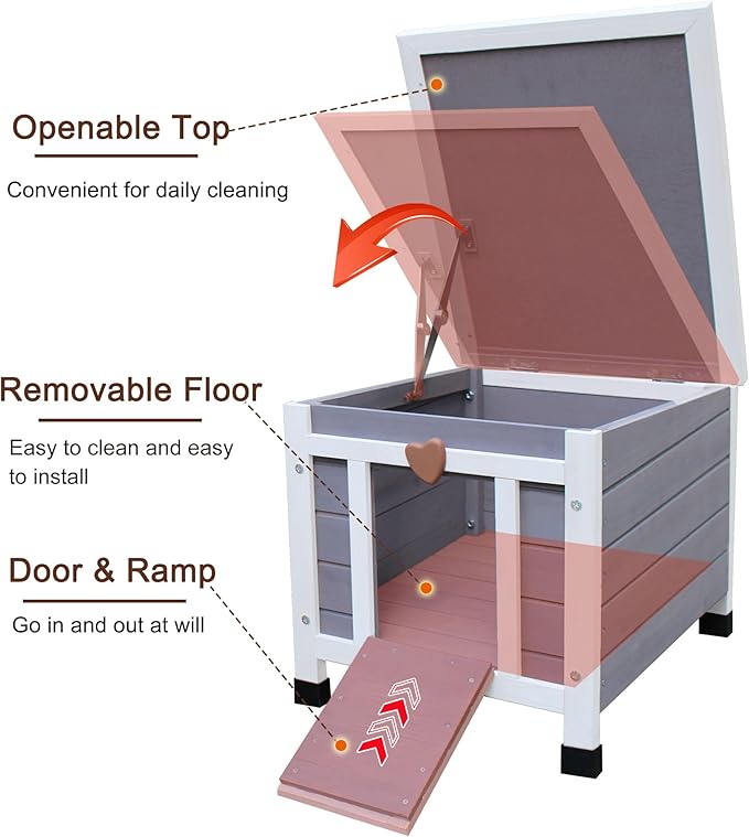 Rockever Outdoor Cat House,Outdoor cat Houses for Feral Cats Weatherproof Rabbit Hutch Small, Wooden Small Pet House and Habitats-Grey with Mat