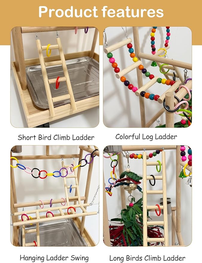 4-Tier Large Wooden Bird Playground with Wheels, Natural Wood Parrot Play Stand Birds Perch Stand Gym with Ladder Toy Accessories for Cockatiel Cockatoo Quaker