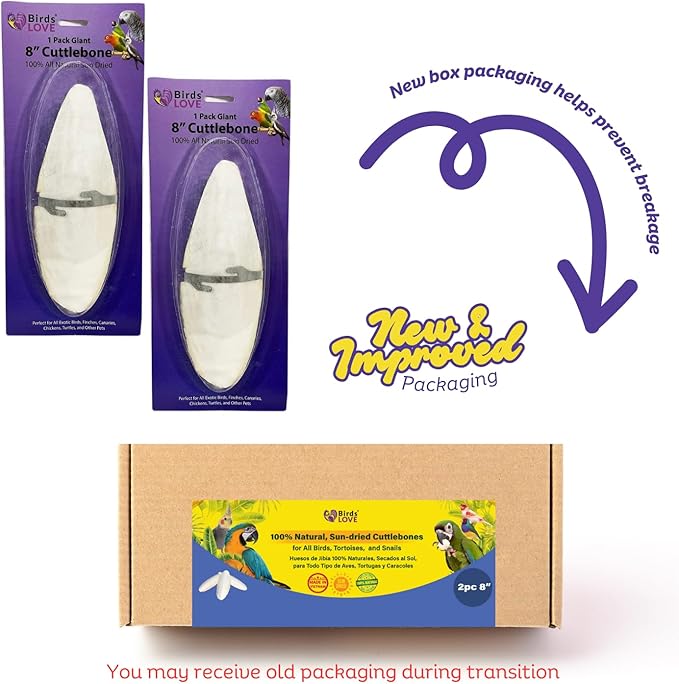 Birds LOVE Natural Cuttlebone for Birds & Reptiles – 100% Pure Sun-Dried Calcium Supplement – Supports Beak, Bone & Shell Strength – Safe Daily Use - 2 Pack with Holder, 7.5 to 8"