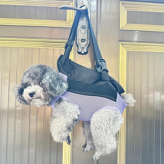 Pet Dog Carrier Backpack, Portable Breathable Mesh Chest Carrier, Polyester Woven Double Shoulder Pet Bag for Outdoor Adventures (Purple, X-Large)