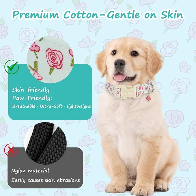 Dog Collar for Large Dogs, Spring &Summer Theme Blue Large Dog Collars with Pink Rose Pattern, Adjustable Puppy Dog Collars, Cute Girl or Boy Dog Collar Ideal for Gifts,Pet Accessory