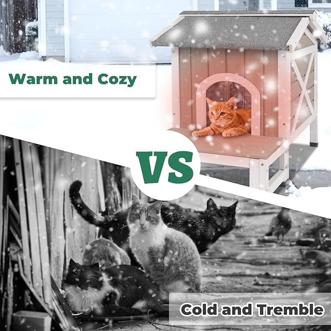 Small Insulated Cat House, Wood Outdoor Cat House Weatherproof with Cat Scratching Cloth, 2 Doors, Balcony, Outside Indoor Clawsable Pet Houses Feral Cats Shelter for Winter, Grey