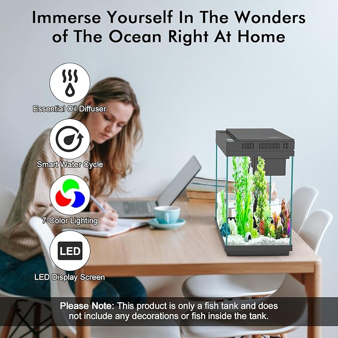 Smart Aquarium Fish Tank with Silent Water Pump, 2.4 Gallon Small Aquarium with Quick Start Kit, Temperature Display, Humidifier and RGB Lights, Perfect for Home, Office, and Decor