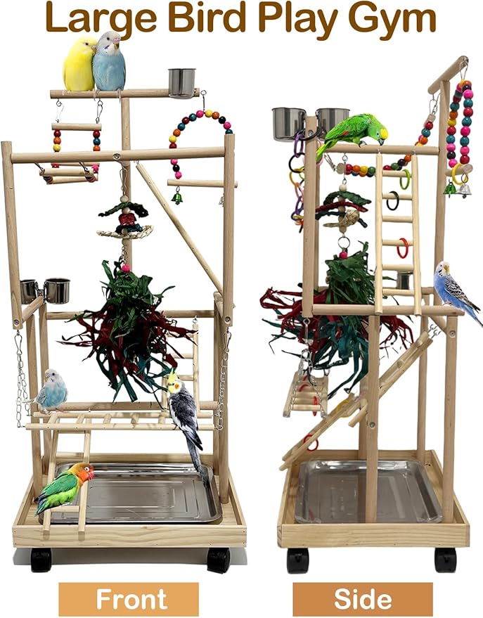 4-Tier Large Wooden Bird Playground with Wheels, Natural Wood Parrot Play Stand Birds Perch Stand Gym with Ladder Toy Accessories for Cockatiel Cockatoo Quaker