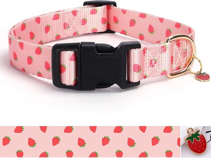 Pink Strawberry Pattern Dog Collar with Buckle Adjustable Safety Nylon Collars for Small Medium Large Dogs, Cute Stylish Girl Boy Christmas Dog Collar(Pink Strawberry,XL)