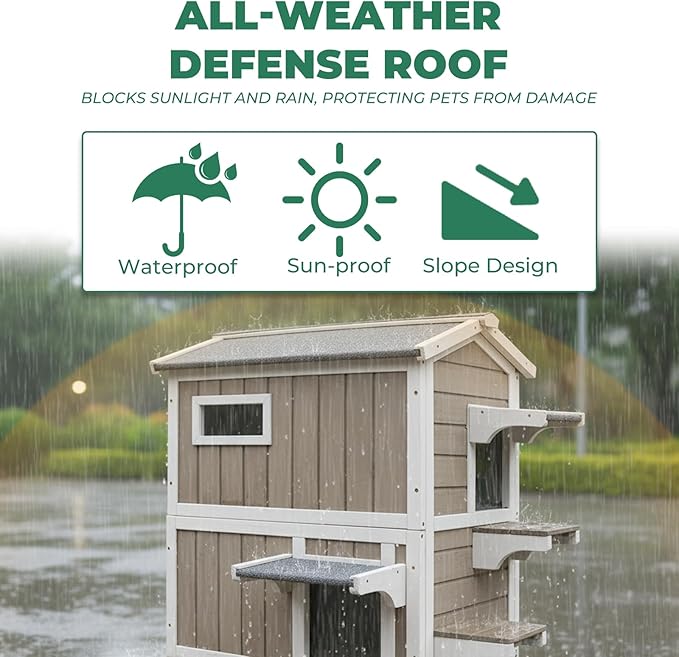 Cat Houses for Outdoor Cats, Wooden Two Story Cat House Weatherproof with 3 Jumping Platforms, 3 Doors, Balcony, Indoor Feral Cat Shelter with Openable Roof for Small Animals, Grey