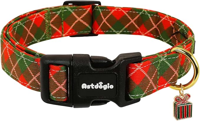 Medium Christmas Dog Collar,Adjustable Dog Christmas Collars, Red Green Plaid Puppy Collar, Cute Dog Collars Holiday Collar for Girl Boy Dogs-M