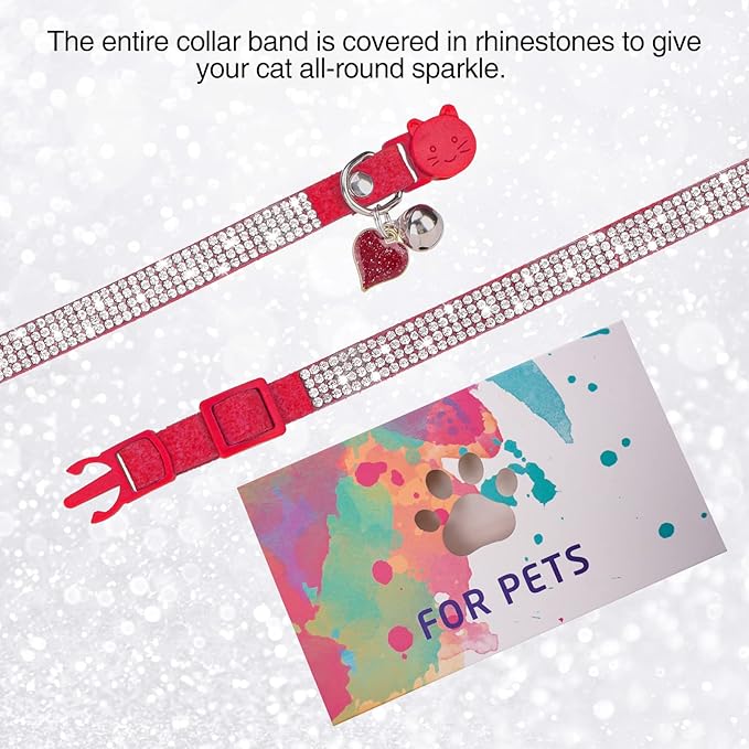 Rhinestone Cat Collar Breakaway with Bell, Diamond Cat Collar with Safety Buckle Quick Release for Girl Boy Small Kitten Pets Puppy,Cute Soft Female Male Cat Collars, Color Red 8-12"