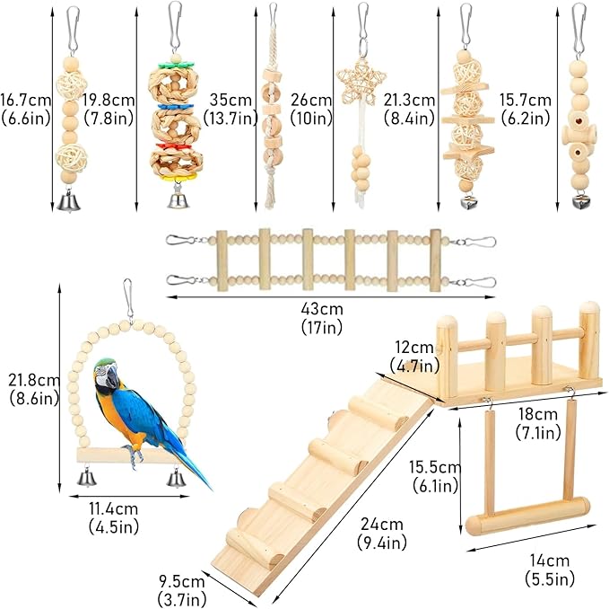 Morezi Bird Swing for cage Parakeet Parrot Swing Wood Hemp Rope Ladder Toy Play Gym Hanging Swing Parrot Perch Hammock Toy for Budgerigar Conure Cockatiel mynah Finches Small Medium Breeds 10pcs