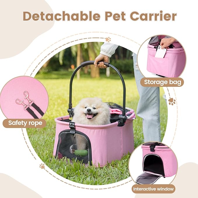 Wedyvko Dog Stroller, Carrier, Car Seat & Pet Stroller for Small Dogs, Max Load 33 lbs with Dog Poop Bags & Dispenser, Basket and Cup Holder (Pink)
