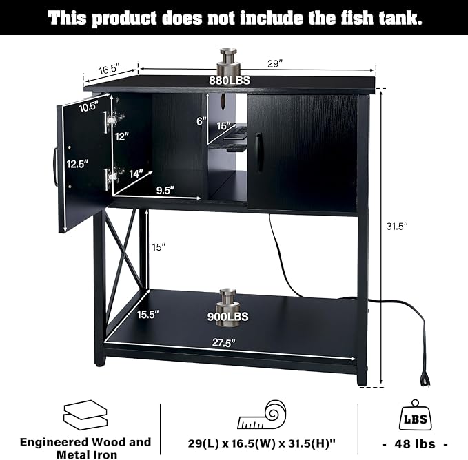 TC-HOMENY 10-29 Gallon Aquarium Stand with Charging Station and Cable Holes, Metal Fish Tank Stand with Storage Cabinet, 29" L x 16.5" W Tabletop, 880LBS Capacity