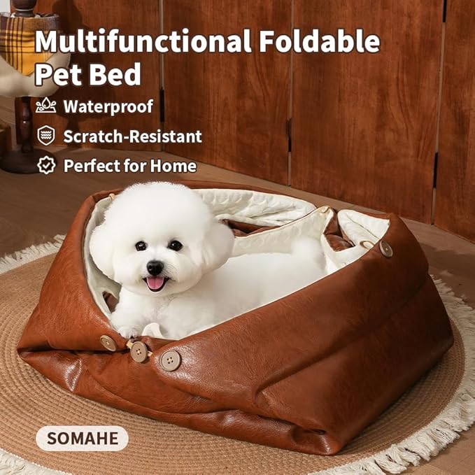 Cat Beds for Indoor Cats Dog Bed for Small Dogs 5 in 1 Function - Leather Mats Bed Cave Pillow Pad for Puppy & Kitten Four-Season 27.5 * 35.4inch Brown