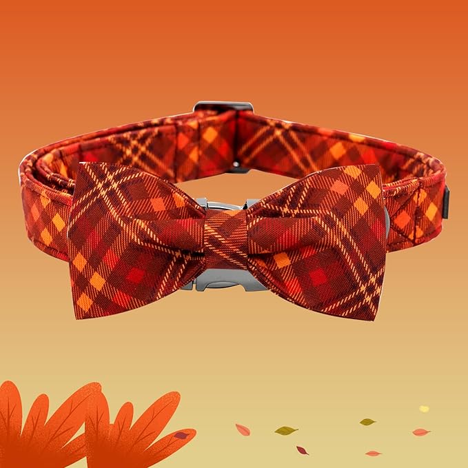 Fall Dog Collar, Pet Collar Bow Plaid Pet Collars Girl Boy Holiday Pet Collars Gift Bow Collars Cute Soft Puppy Collars for X-Large Dogs