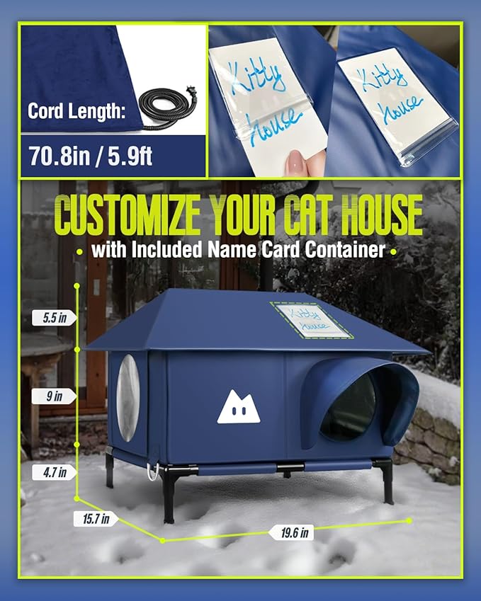 Heated Cat House for Outside Cats Winter, Large Hip Roof 100% Waterproof Outdoor Cat House, Elevated Base, Weatherproof Insulated Shelter for Stray Feral Barn Cat (Dark Blue, 20" Lx16 Wx14 H)