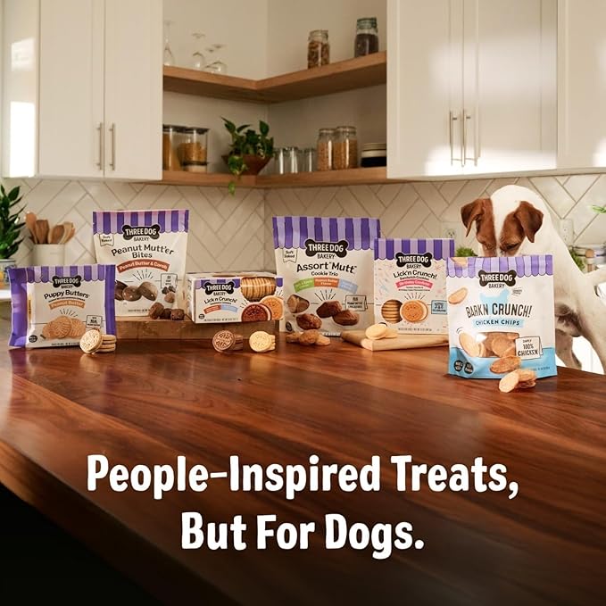 Three Dog Bakery Bark’N Crunch! Chicken Chips, Crunchy Treats for Dogs, Single Ingredient, High Protein Snacks, No Artificial Flavors or Colors, Made in The USA, 4oz.