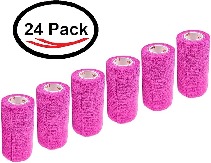 3 Inch Vet Wrap Tape Bulk (Fuchsia) (Pack of 24) Self Adhesive Adherent Adhering Flex Bandage Grip Roll for Dog Cat Pet Horse