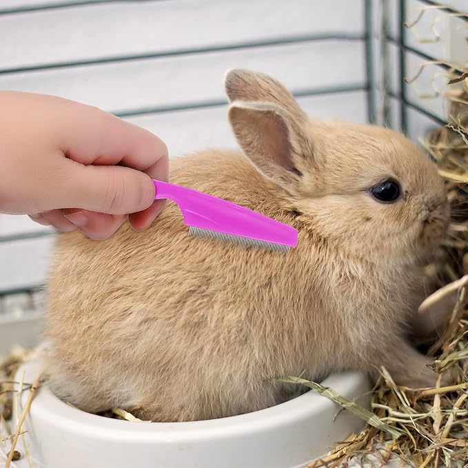 Patelai 4 Pieces Bunny Grooming Kit: Rabbit Nail Clipper, Rabbit Brush, Hair Remover, Shampoo Brush with Adjustable Ring Handle for Rabbits, Hamsters(Pink, Red)