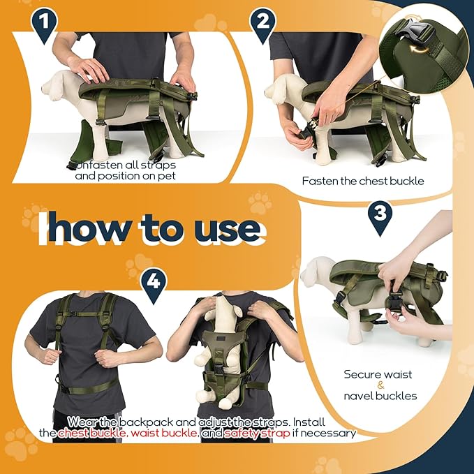 Pet Dog Front Carrier Backpacks, Legs Out Secure-Fit Dog Front Carrier for Small Dogs Up to 17 lbs, Adjustable Hands Free Pet Chest Carrier for Hiking Cycling (S, Army Green)